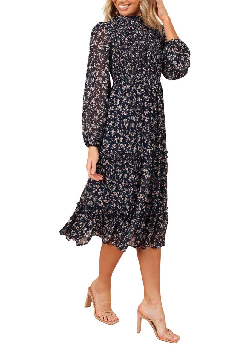 Edwina Floral Long Sleeve Tiered Midi Dress, Alternate, color, NAVY FLORAL