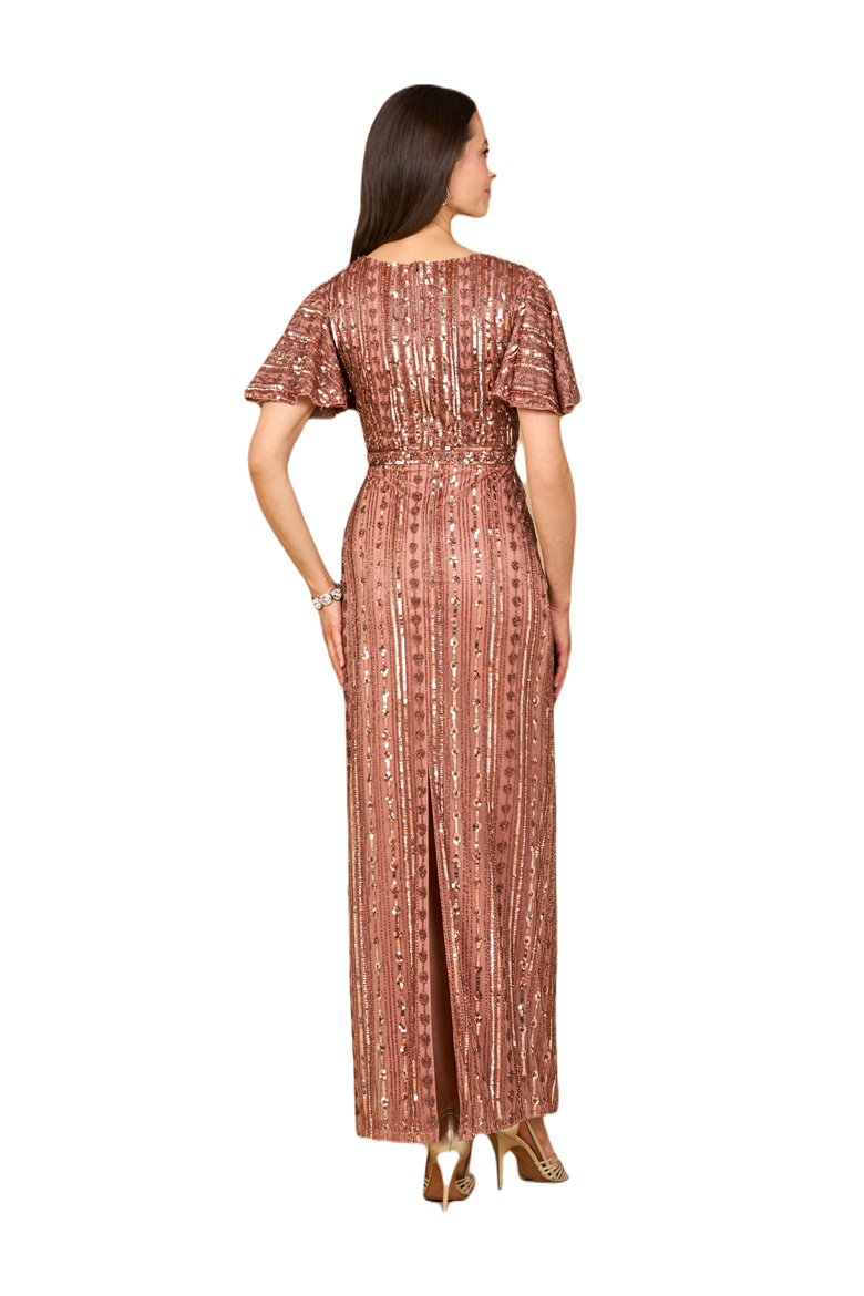 Beaded Gown with Flutter Sleeves, Alternate, color, Bronze