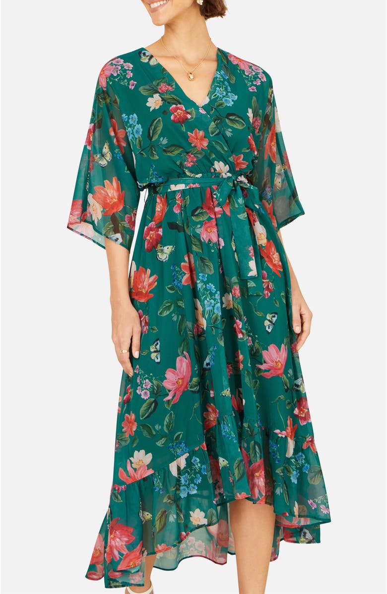 Yumi Floral Dip Hem Dress, Alternate, color, Green