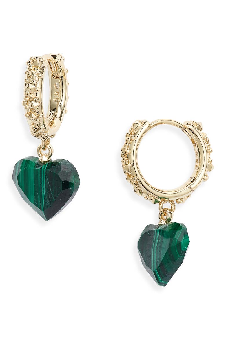Penny Heart Semiprecious Stone Huggie Earrings, Main, color, GOLD GREEN MALACHITE