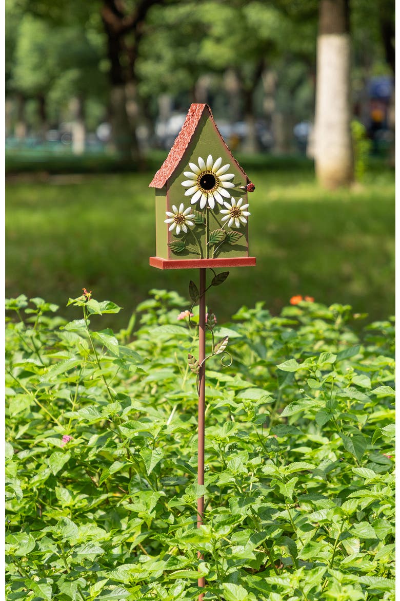 52"H Metal Daisy Decorative Garden Birdhouse with Stake, Alternate, color, Green