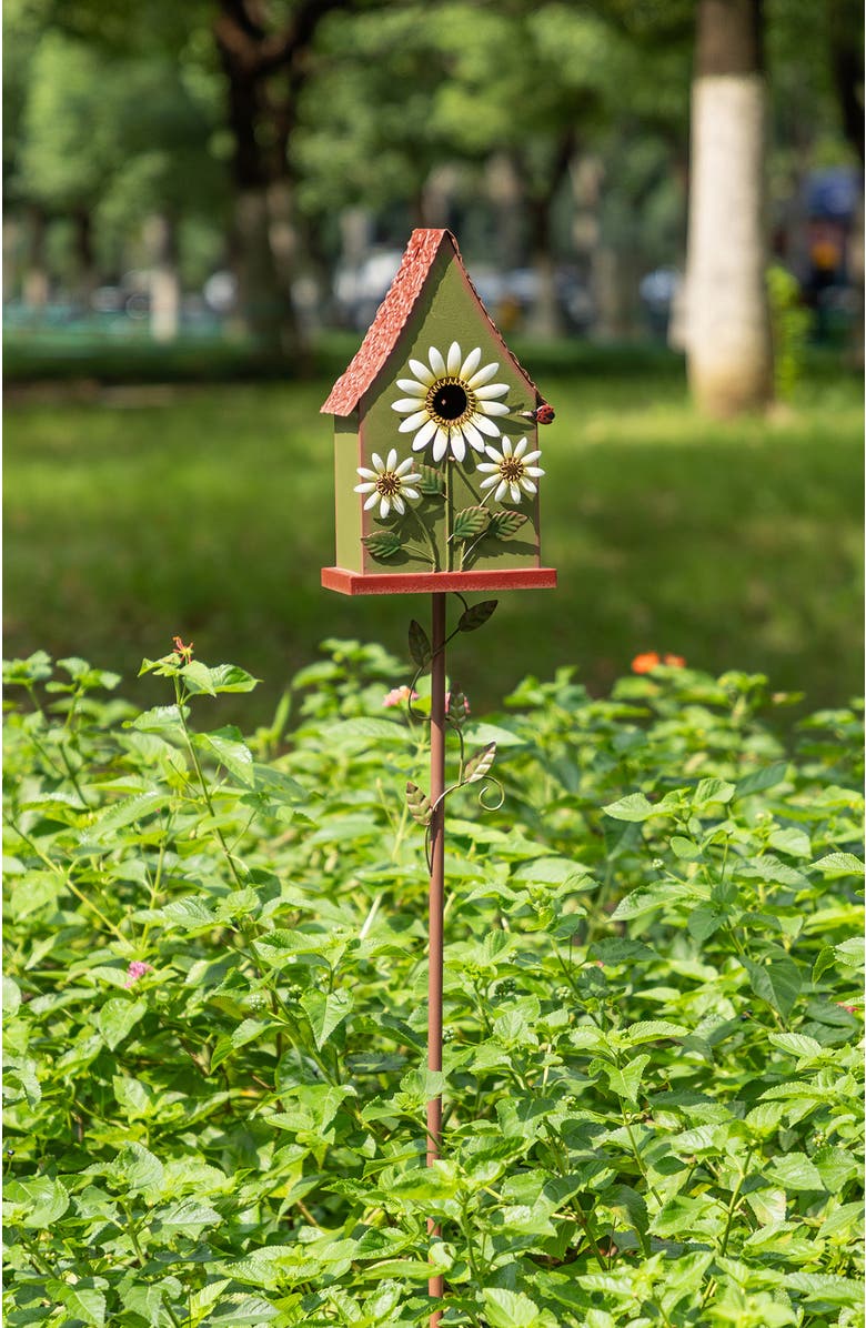 Glitzhome 52"H Metal Daisy Decorative Garden Birdhouse with Stake, Alternate, color, Green