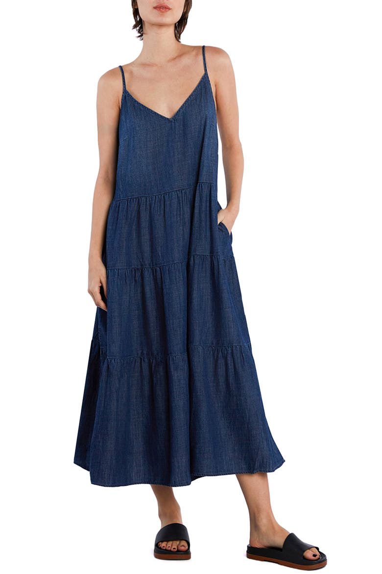 Felicity Flounce Tiered Denim Dress, Main, color, DARK BLUE WASH