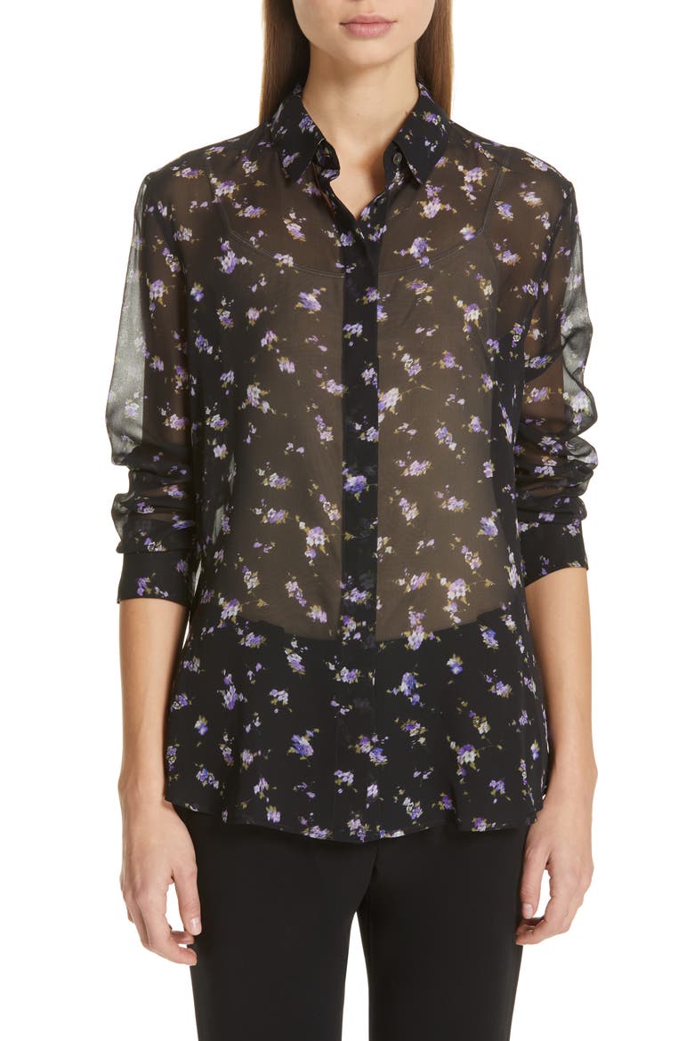 Floral Print Sheer Silk Blouse, Main, color, BLACK