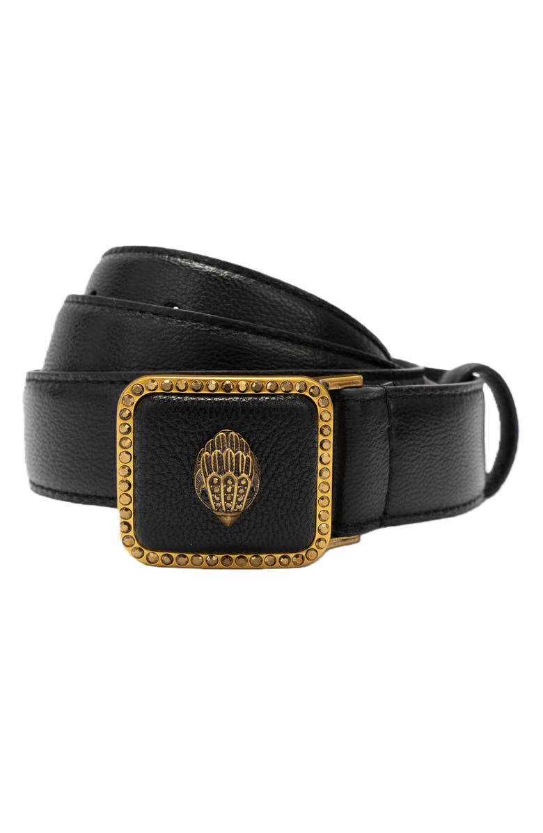 Kurt Geiger London Crystal Eagle Buckle Leather Belt, Main, color, Black Antique Brass