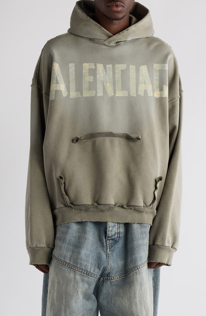 Balenciaga Tape Type Ripped Pocket Large Fit Fleece Hoodie, Main, color,