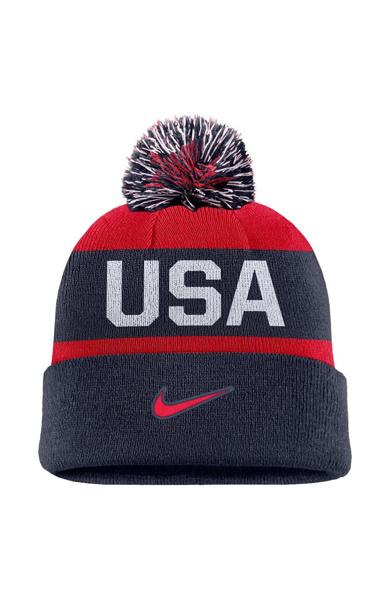 Nike Youth Nike Navy US Hockey Peak Stripe Tri-Blend Cuffed Knit Hat with Pom, Alternate, color, Navy