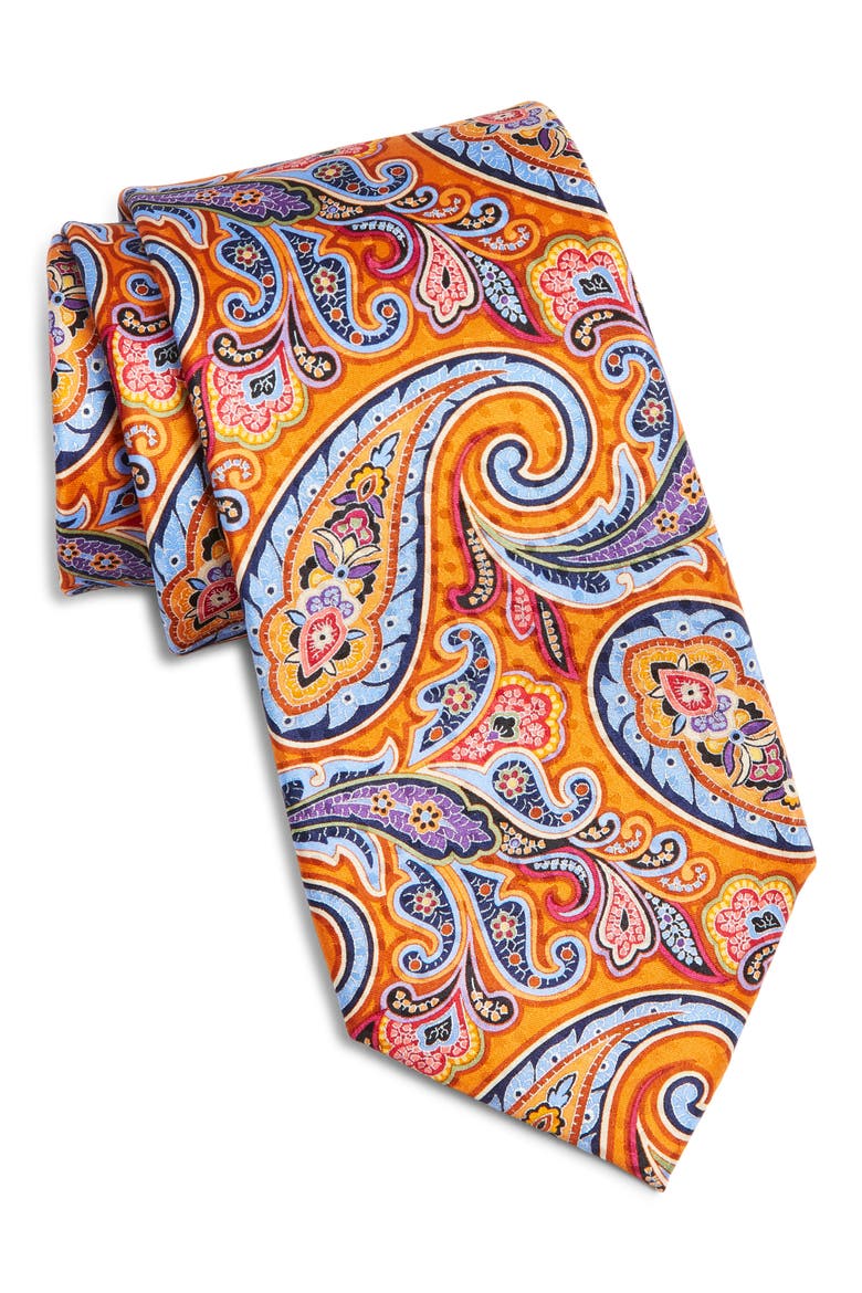 Paisley Silk Tie, Main, color, ORANGE