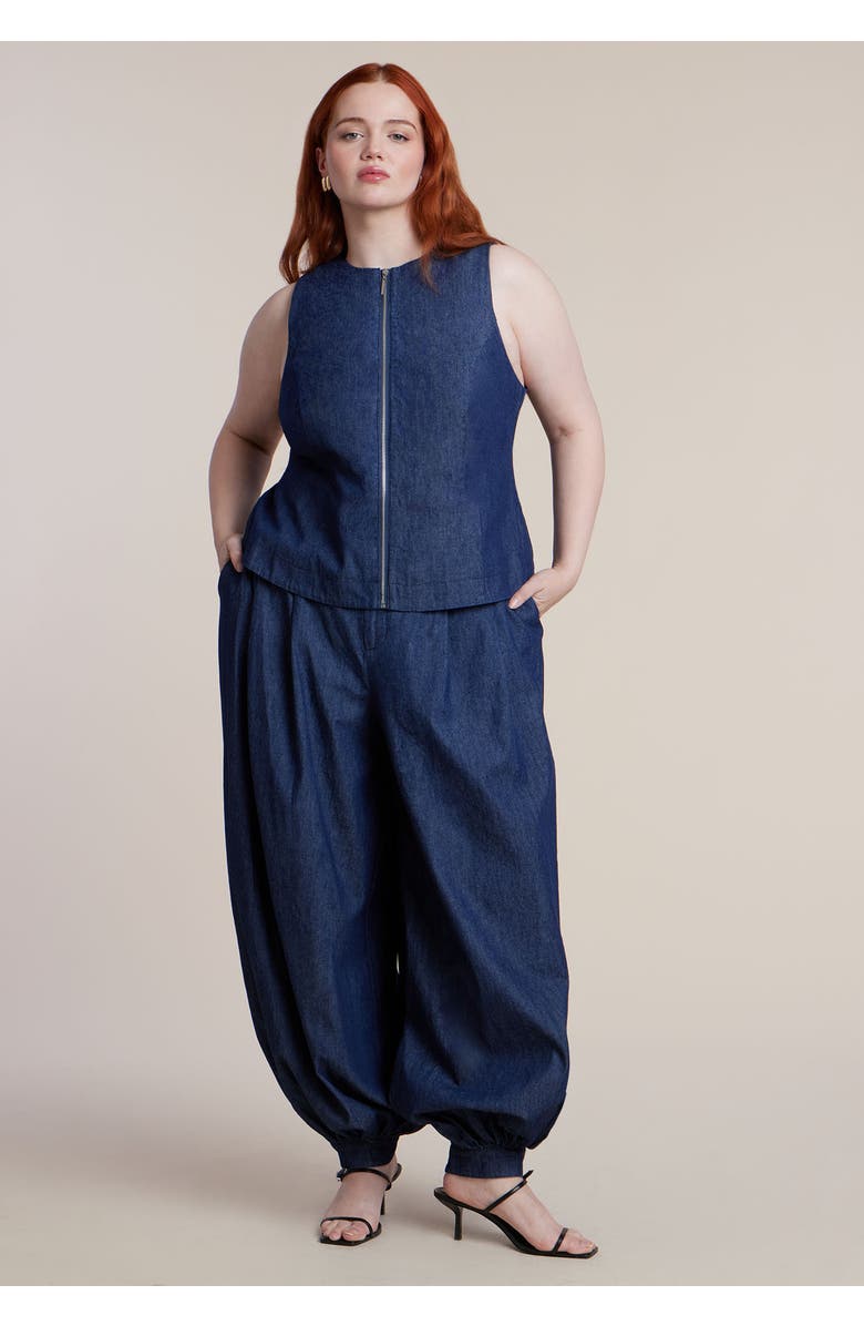 ELOQUII Chambray Zip Up Top, Alternate, color, Dark Wash