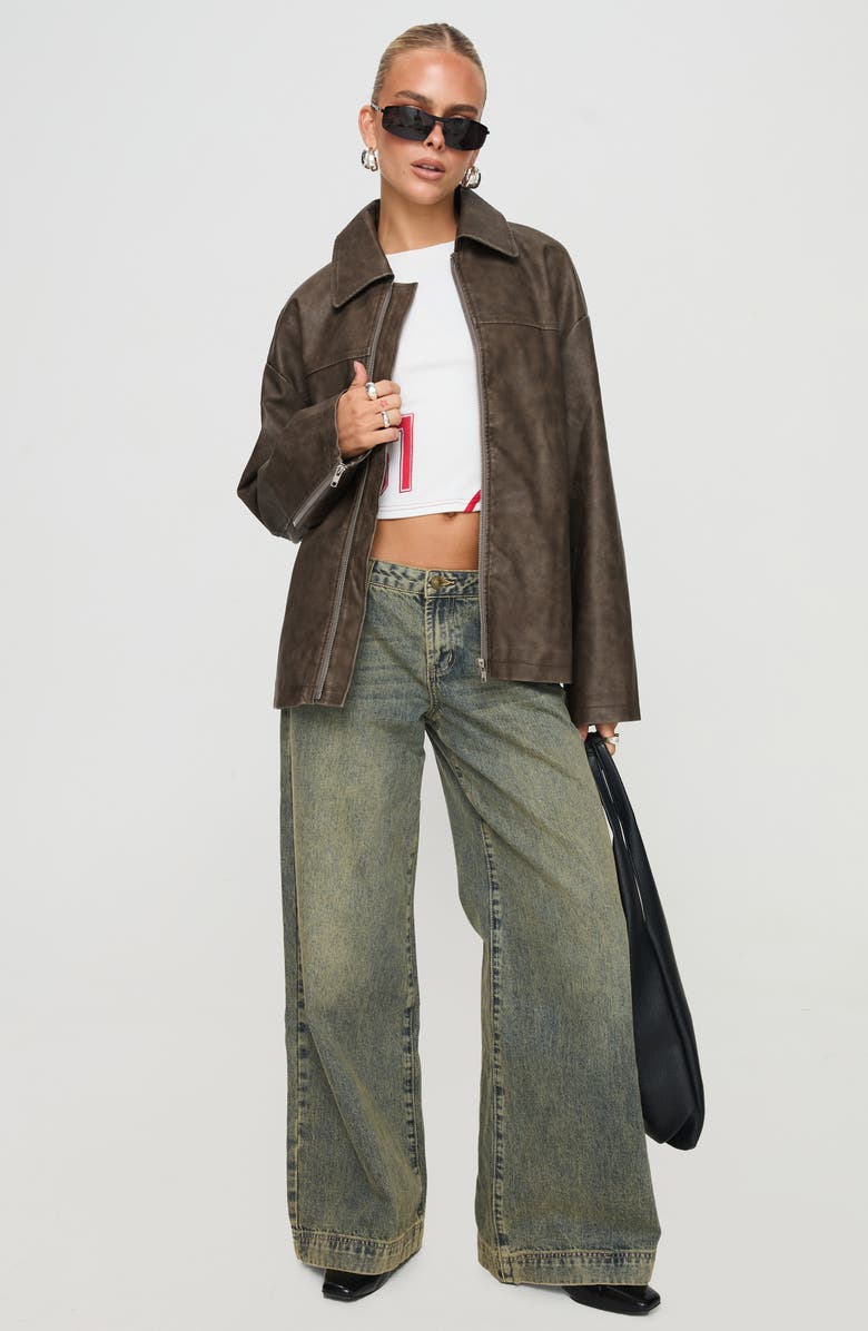 Princess Polly Oversize Zip Faux Leather Jacket, Alternate, color, Brown