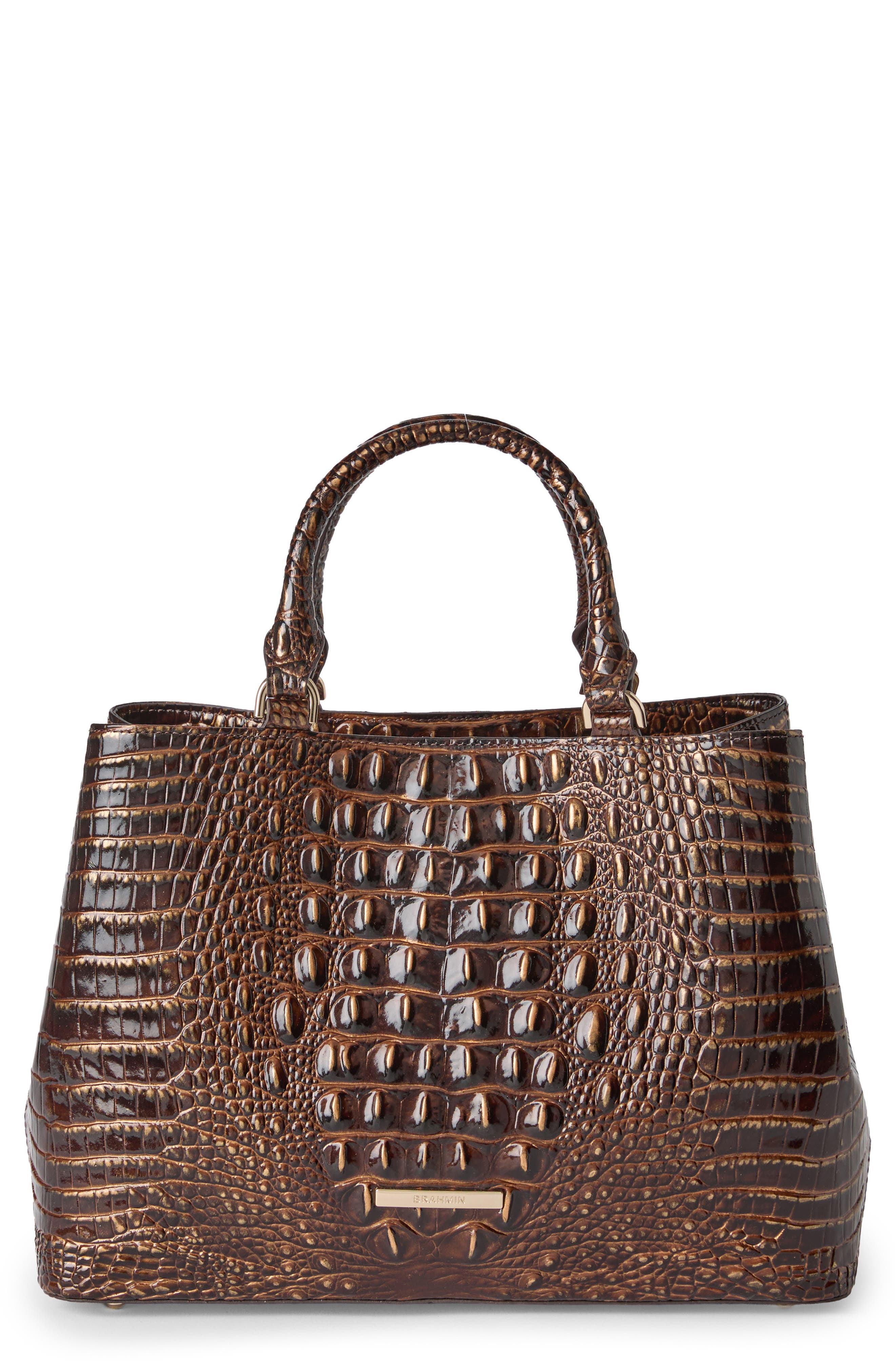 Small Denise Croc Embossed Leather Satchel, Main, color, CHOCOLATE