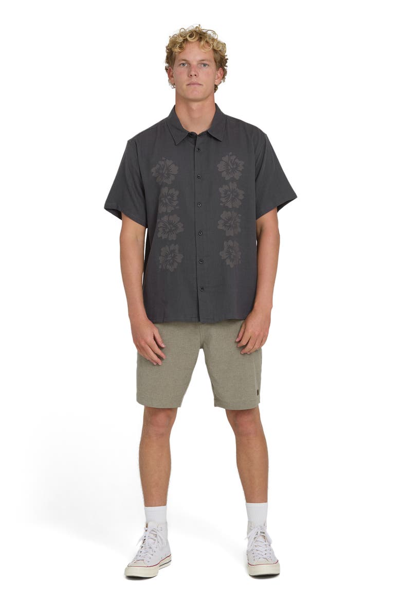 Cordoba Regular Fit Hibiscus Short Sleeve Knit Button-Up Shirt, Alternate, color, RAVEN