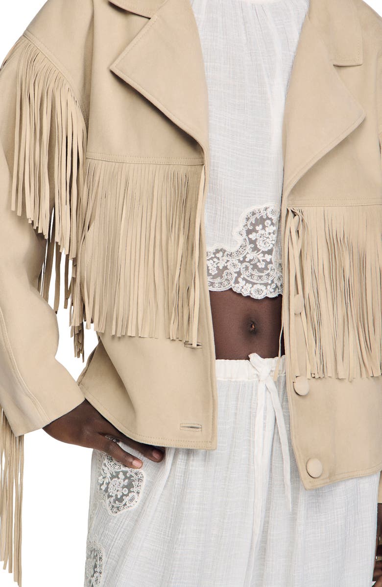 SANDRO Fringed suede jacket, Alternate, color, Beige