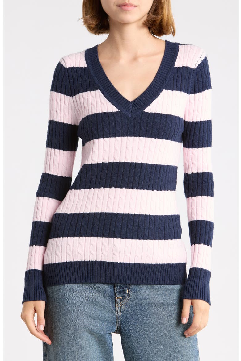 Stripe V-Neck Sweater, Main, color, NAVY BLAZER COMBO