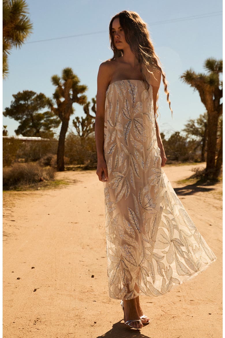 Margot Bead & Appliqué Strapless Mesh Gown, Alternate, color, SOFT YELLOW/ SILVER