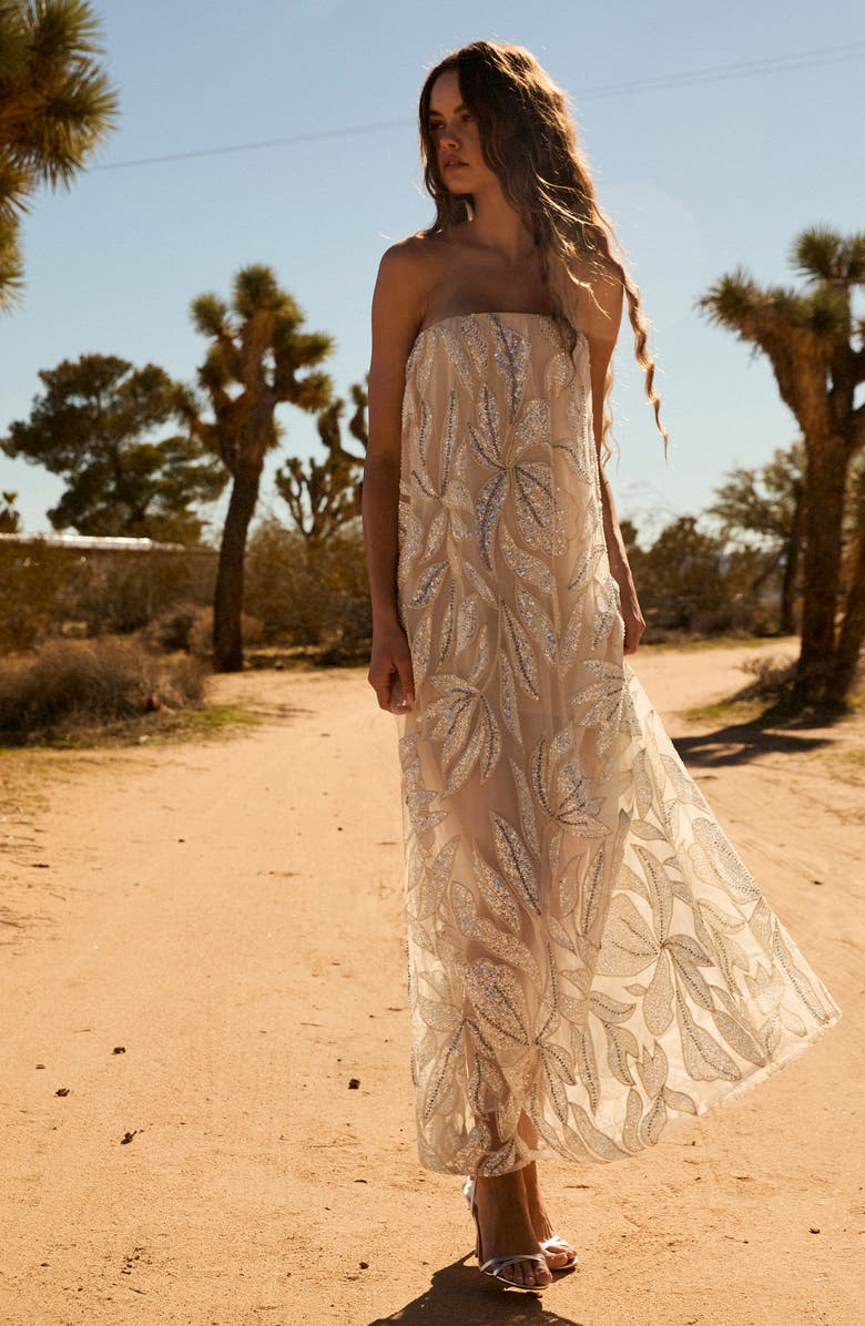 HELSI Margot Bead & Appliqué Strapless Mesh Gown, Alternate, color, Soft Yellow/ Silver