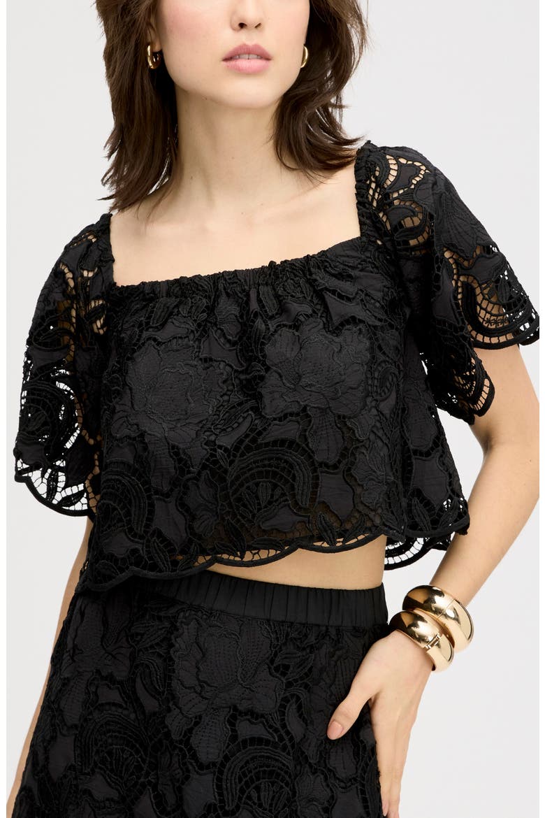 Lace Ruffle Off the Shoulder Crop Top, Alternate, color, TRUE BLACK