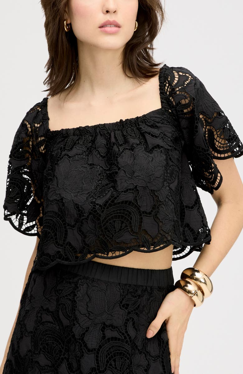 Sam Edelman Lace Ruffle Off the Shoulder Crop Top, Alternate, color, True Black