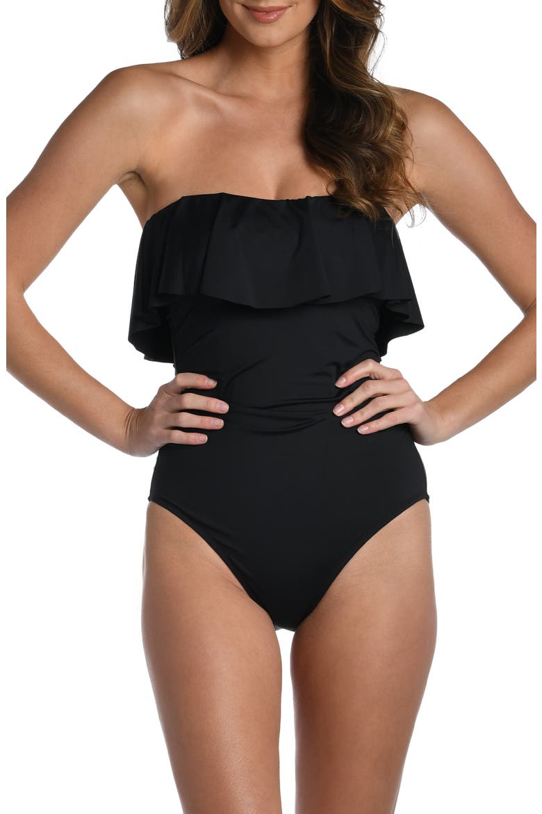 Ruffle Bandeau One-Piece Swimsuit, Alternate, color, BLACK