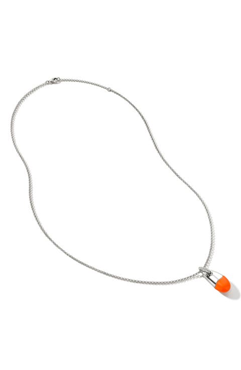 Pebble Silver Diamond Pavé (0.04ct) Pendant on 2mm Rolo Chain Necklace with Neon Orange Enamel