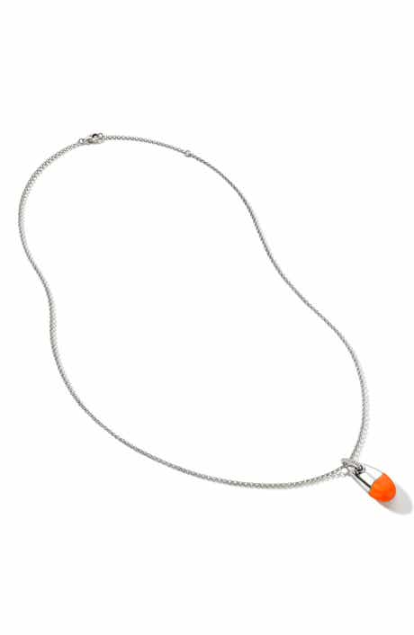 John Hardy Pebble Silver Diamond Pavé (0.04ct) Pendant on 2mm Rolo Chain Necklace with Neon Orange Enamel