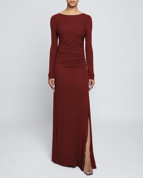 Jersey Solid Ruched Long Sleeve Maxi Dress