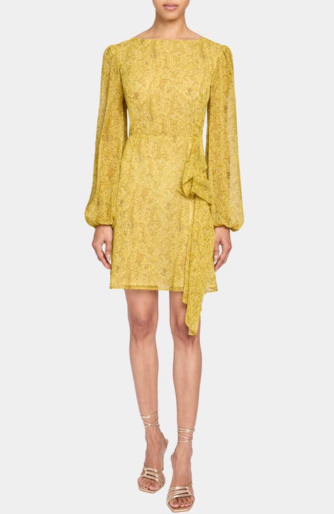 MALIA Long Sleeve Dress with Skirt Side Ruffle in Printed Georgette