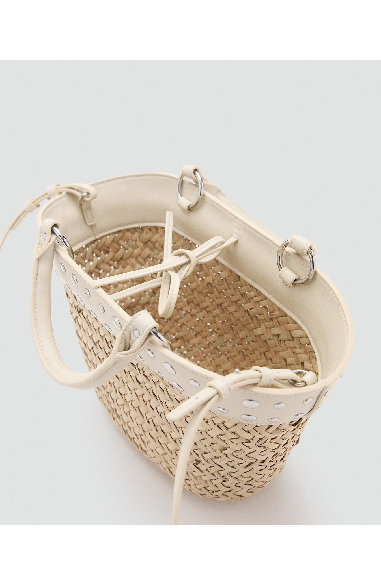 MANGO Studded Raffia Bucket Bag, Alternate, color, 
