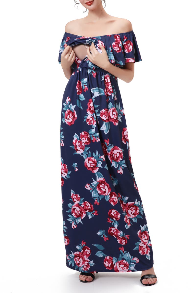 Kimi and Kai Brielle Off the Shoulder Maternity/Nursing Maxi Dress, Alternate, color, Blue