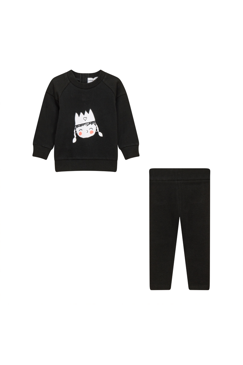Girl Crown Print 2 Piece Long Sleeve Top and Ribbed Leggings Set, Main, color, Black