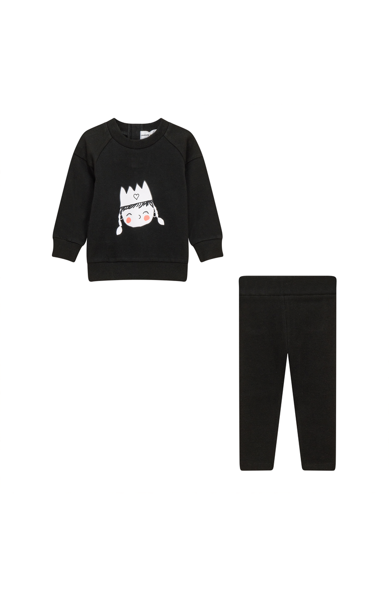 Charlotte & George Girl Crown Print 2 Piece Long Sleeve Top and Ribbed Leggings Set, Main, color, Black