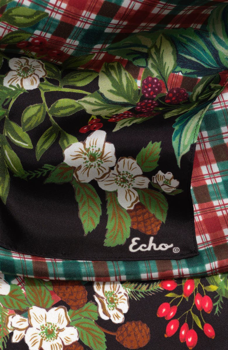 Echo Holly Garland Plaid Silk Scarf, Alternate, color, Black
