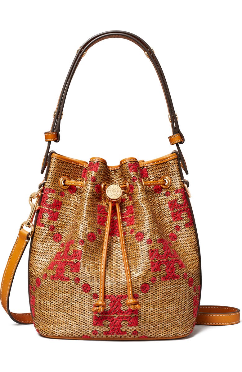 Tory Burch T Monogram Straw Bucket Bag, Main, color, Natural