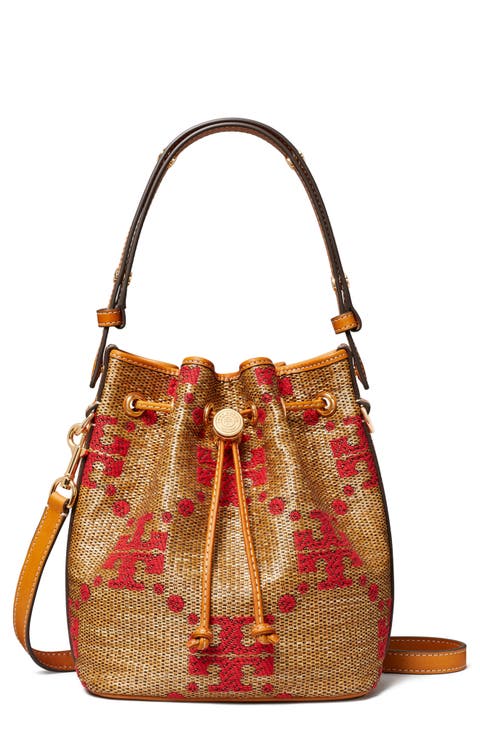 T Monogram Straw Bucket Bag
