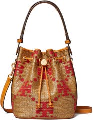 Tory Burch T Monogram Straw Bucket Bag
