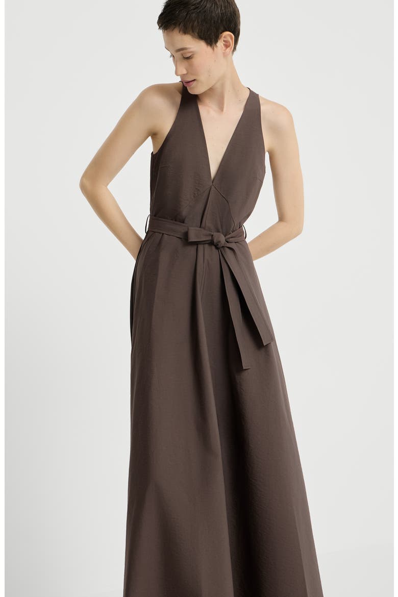 Techno cotton poplin belted dress, Alternate, color, Chocolate