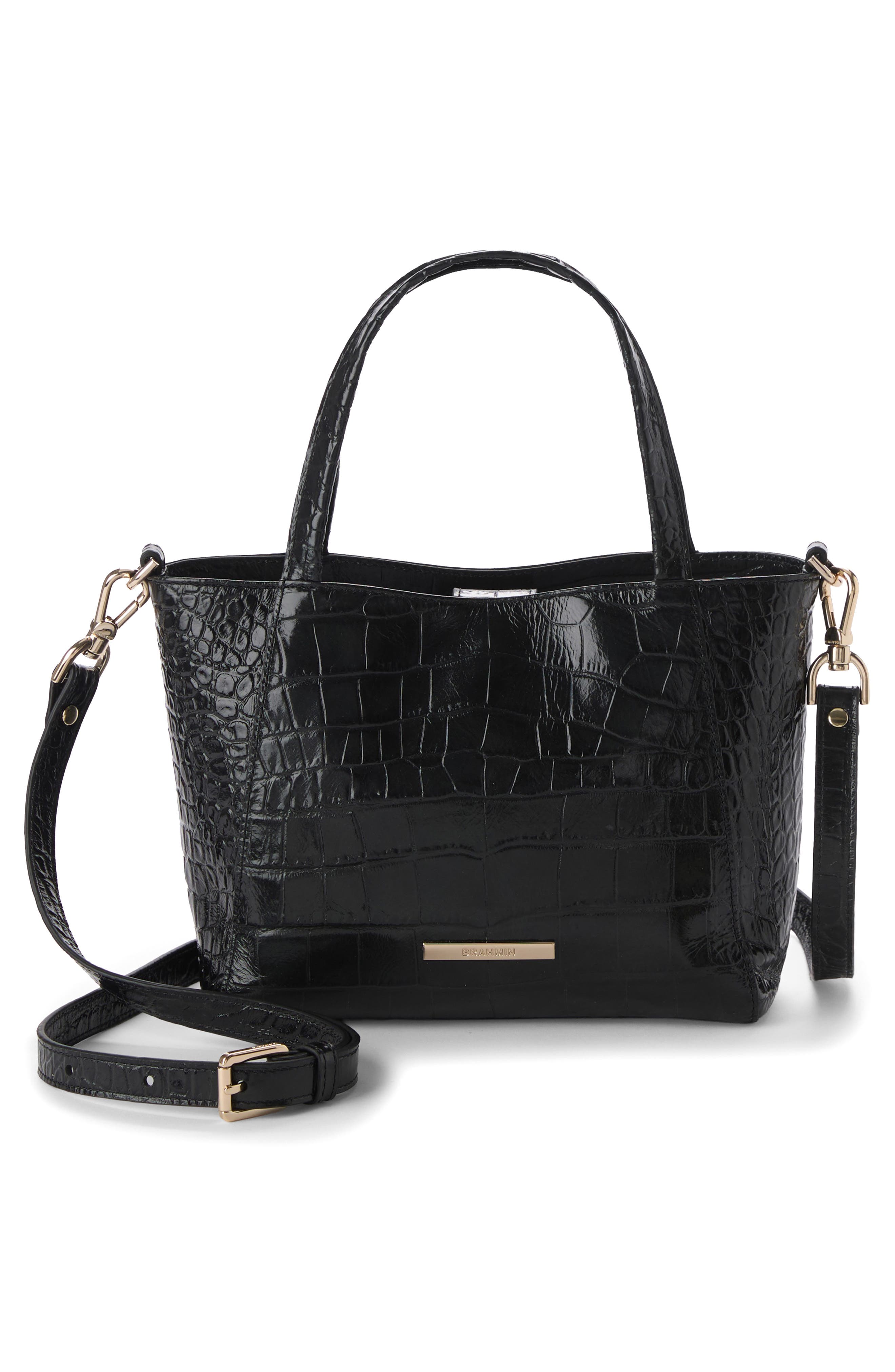 Brahmin Small Mona Croc Embossed Leather Tote, Alternate, color, Black
