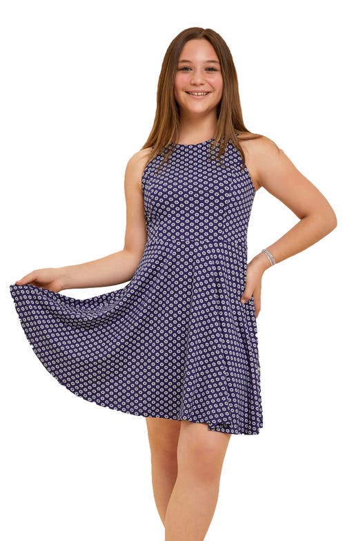 Un Deux Trois Printed Textured Racerback Dress In Blue