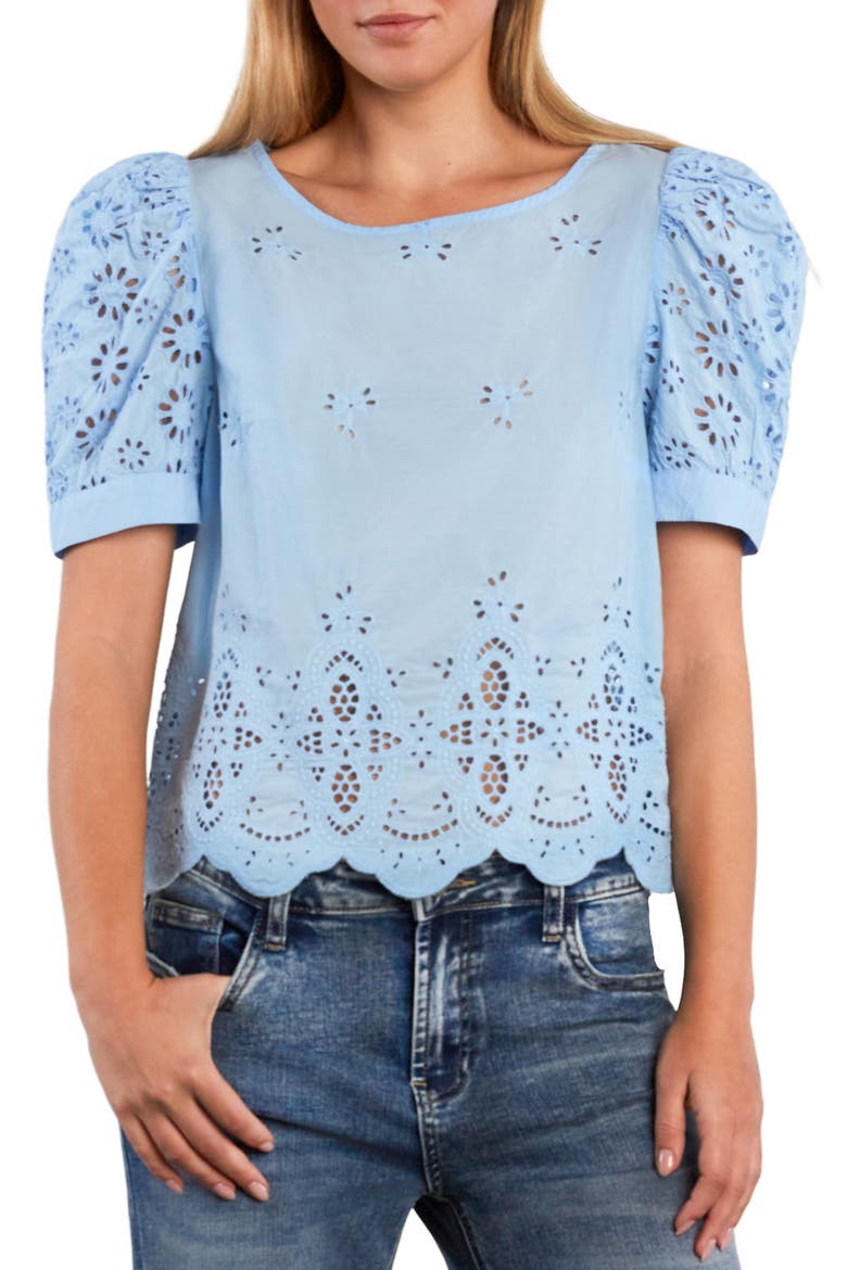 Halo Eyelet Puff Sleeve Cotton Blend Top, Main, color, CERULEAN BLUE