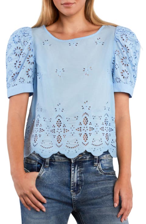 Halo Eyelet Puff Sleeve Cotton Blend Top