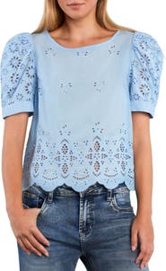 Billy T Halo Eyelet Puff Sleeve Cotton Blend Top