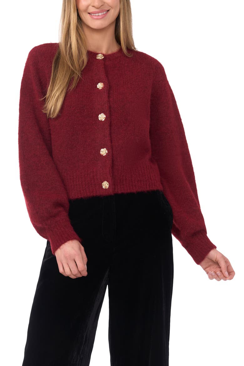 Fina Fuzzy Crewneck Cardigan, Main, color, BURGUNDY