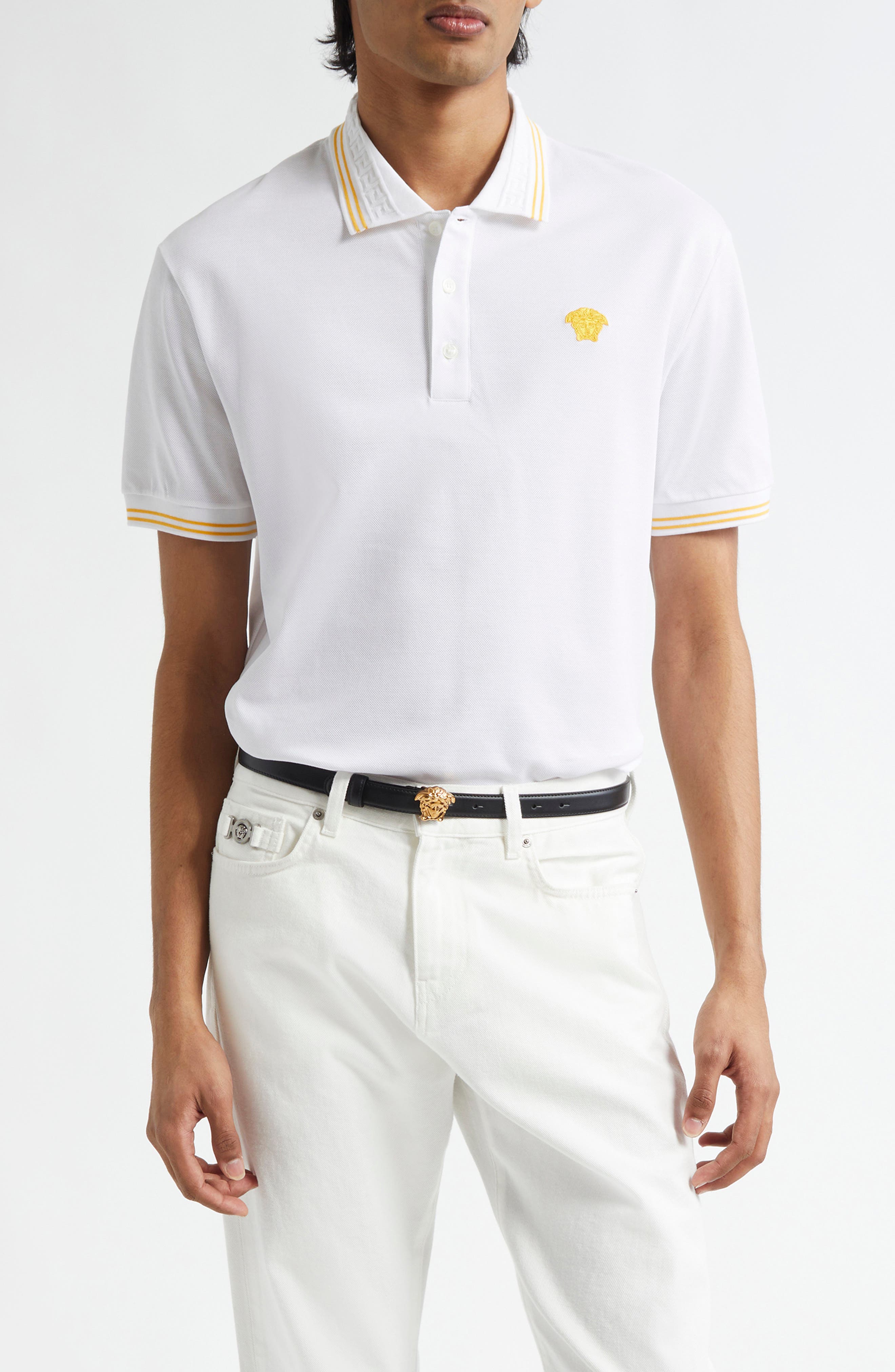 Versace White Polo Shirt With Classic Collar And Medusa Embroidery On The Front In Neutral
