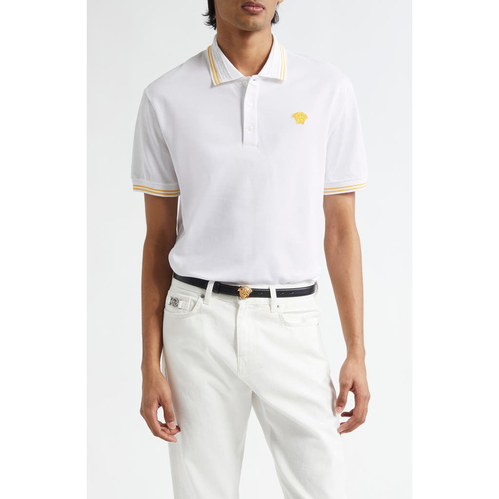 Versace White Polo Shirt With Classic Collar And Medusa Embroidery On The Front In White
