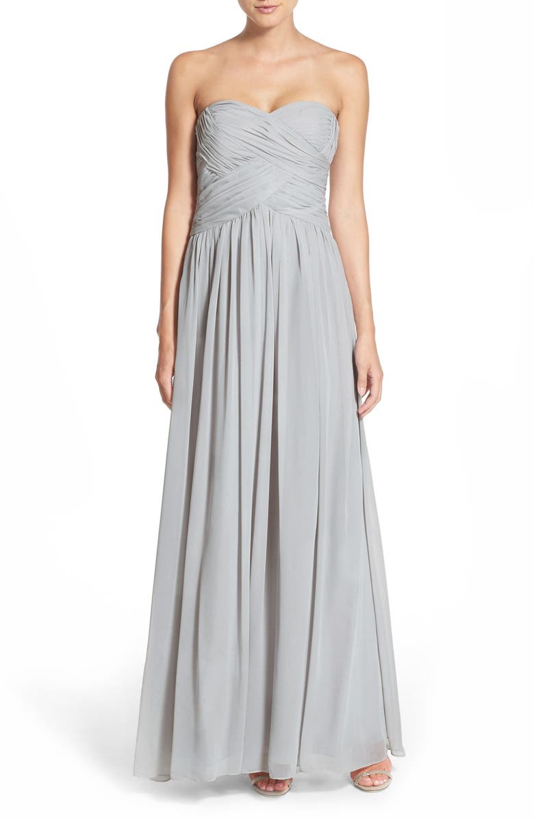 JS Boutique Strapless Ruched Chiffon Gown, Main, color, 