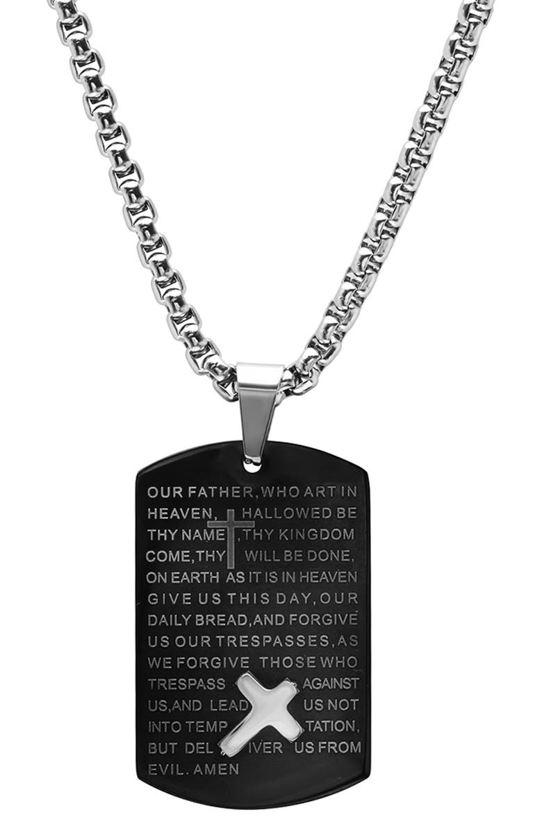 HMY JEWELRY Men's Black IP Stainless Steel Lord's Prayer Dog Tag Pendant Necklace, Main, color, 