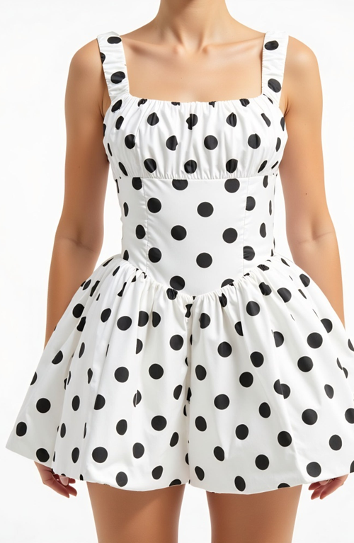 Modenaire Polka Dot Gathered Bust Flared Corset Bodice Mini Dress In White