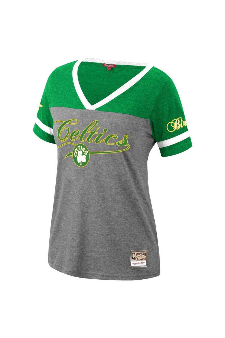 Women's Mitchell & Ness Larry Bird Heathered Charcoal Boston Celtics Team Captain V-Neck T-Shirt, Alternate, color, Heather Charcoal