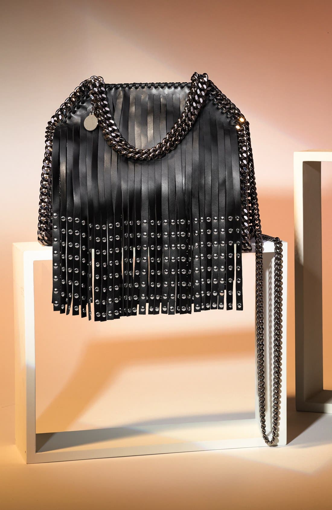 'Falabella' Studded Fringe Shoulder Bag, Alternate, color, BLACK