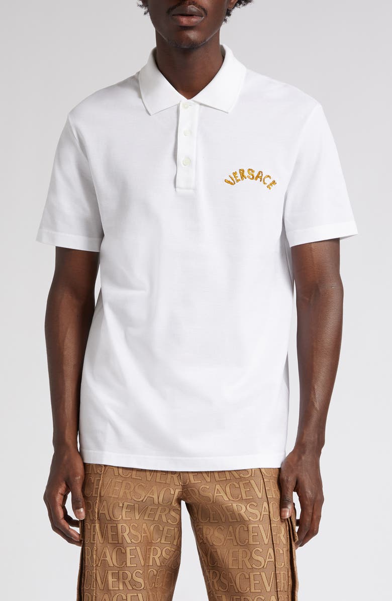 Versace Seashell Baroque Logo Cotton Piqué Polo, Main, color, 1W000-Optical White